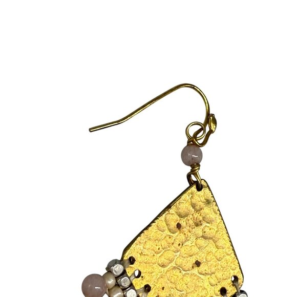 Seed Beaded Hammered Teardrop Earrings Gold Tone Bohemian Coastal Boho - Picture 5 of 5